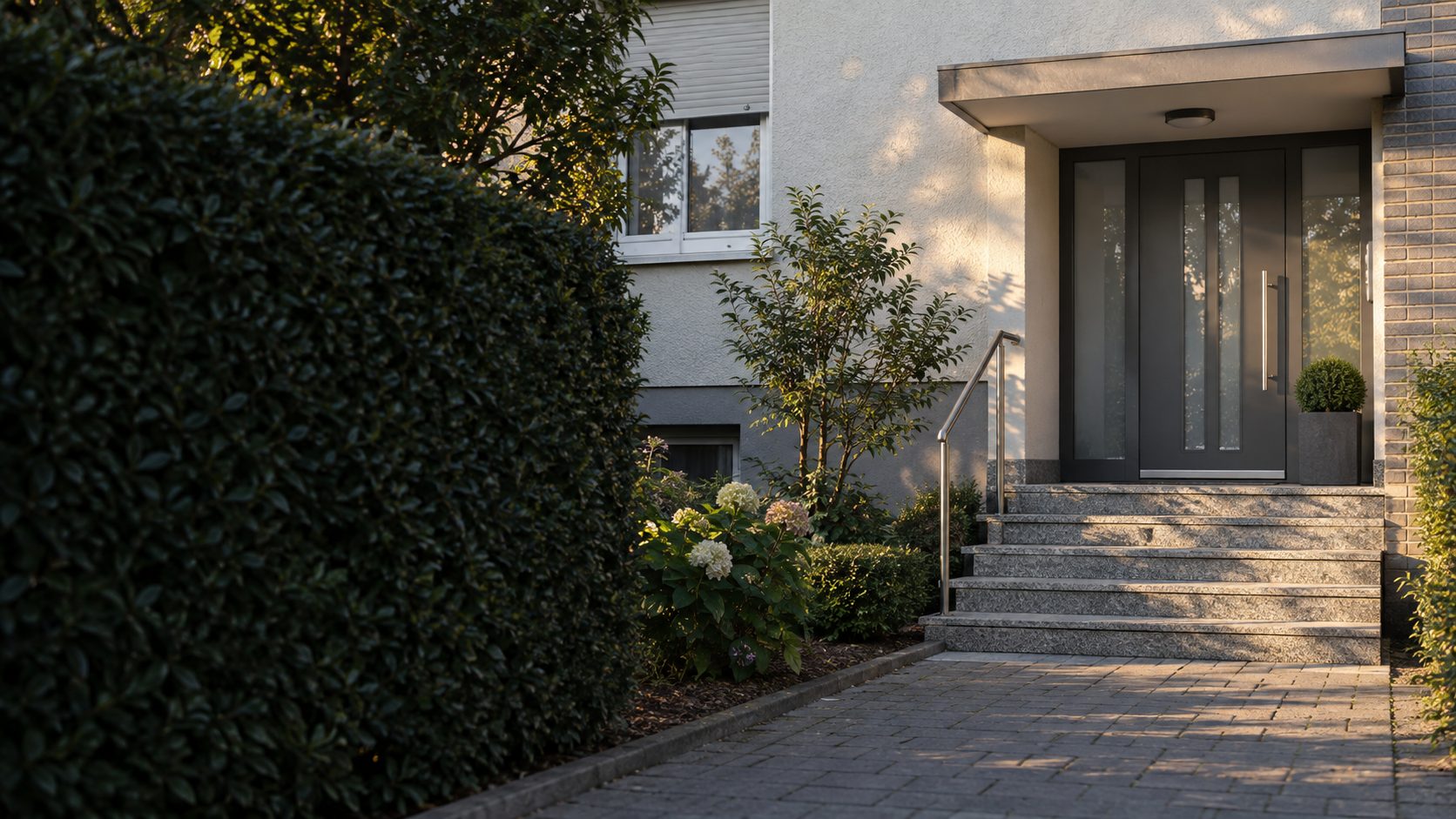 Ein sauberer Hauseingang mit Steinstufen, Vordach und geschnittener Hecke im Morgenlicht