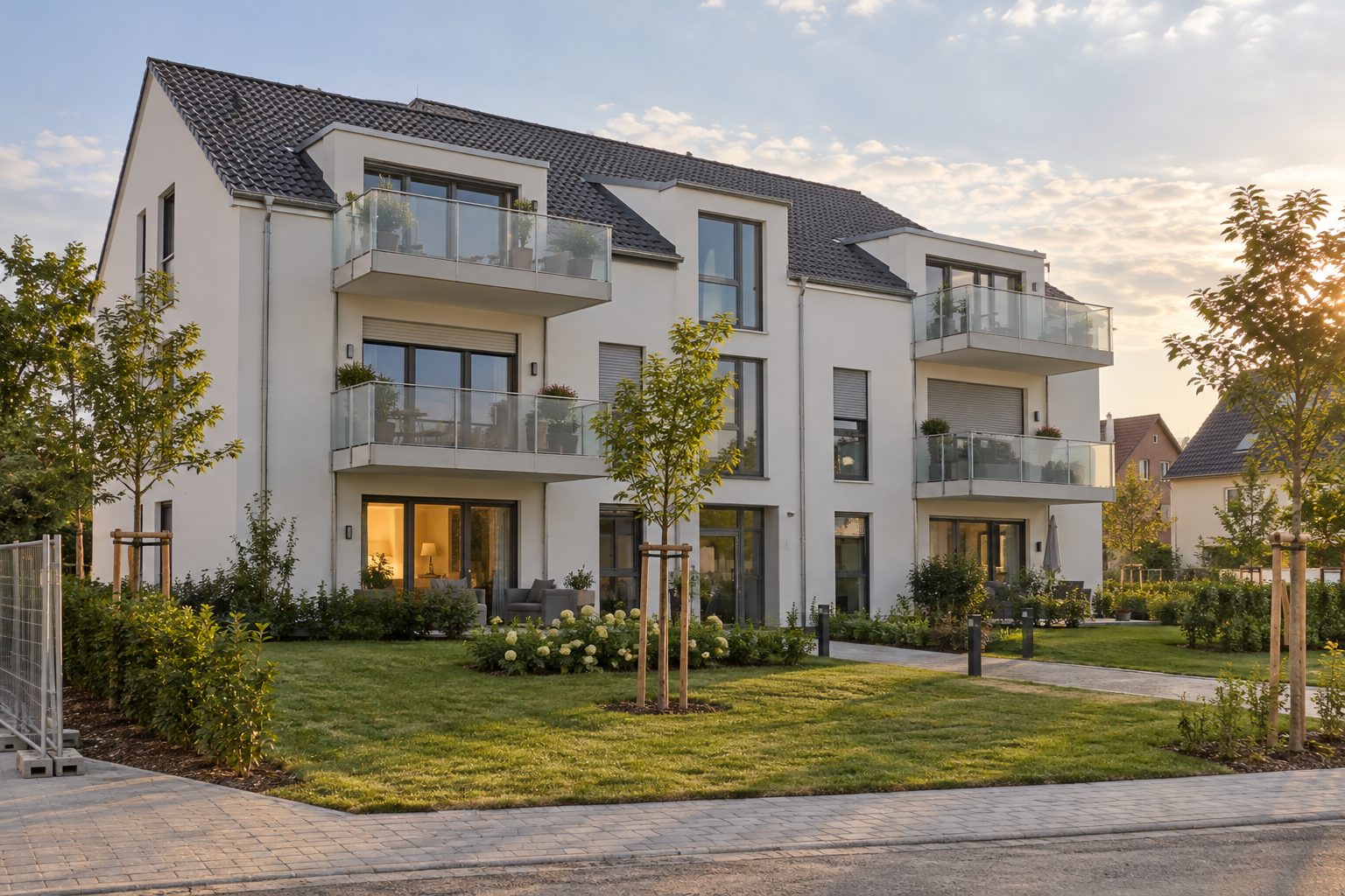 Ein neu gebautes Mehrfamilienhaus im Abendlicht, davor frisch angelegter Rasen und junge Bäume