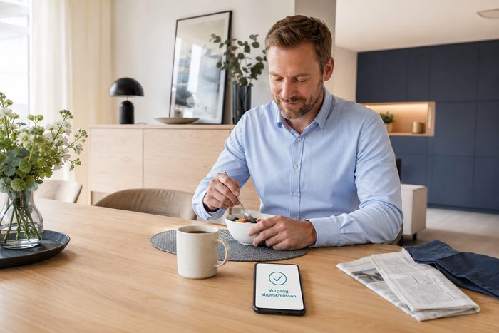 Ein Eigentümer beim Frühstück, auf dem Tisch eine Portalmeldung auf dem Smartphone